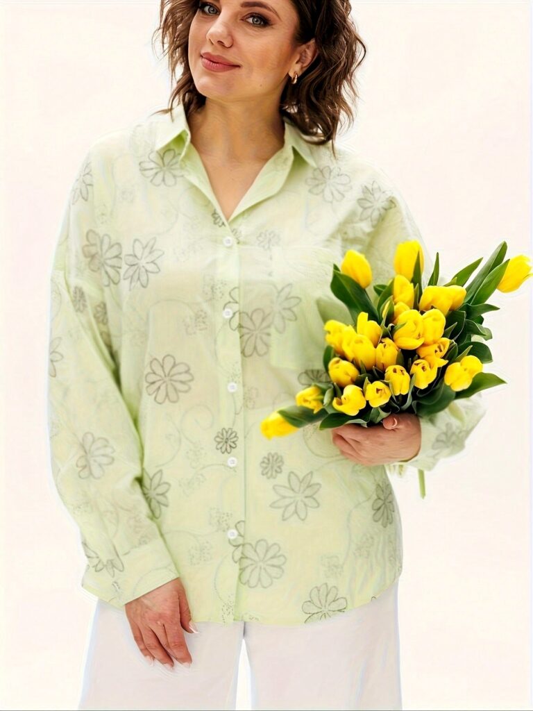 Pale Green Floral Outline Button Shirt