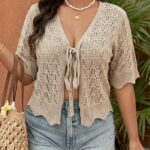 Beige Pointelle Tie-Front Cropped Knit Top — main