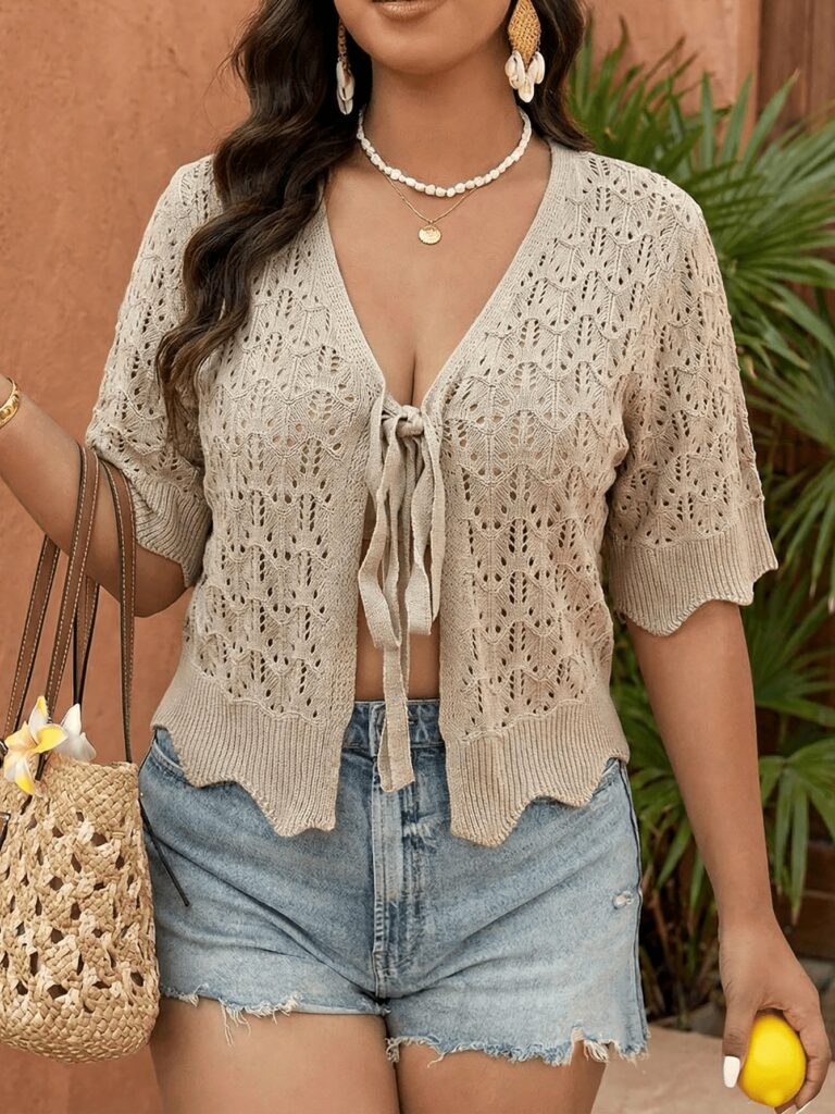 Beige Pointelle Tie-Front Cropped Knit Top