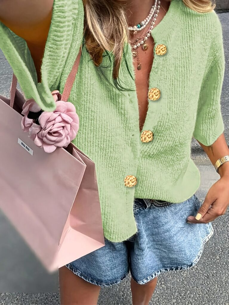 Sage Green Textured Short Sleeve Gold Button Cardigan