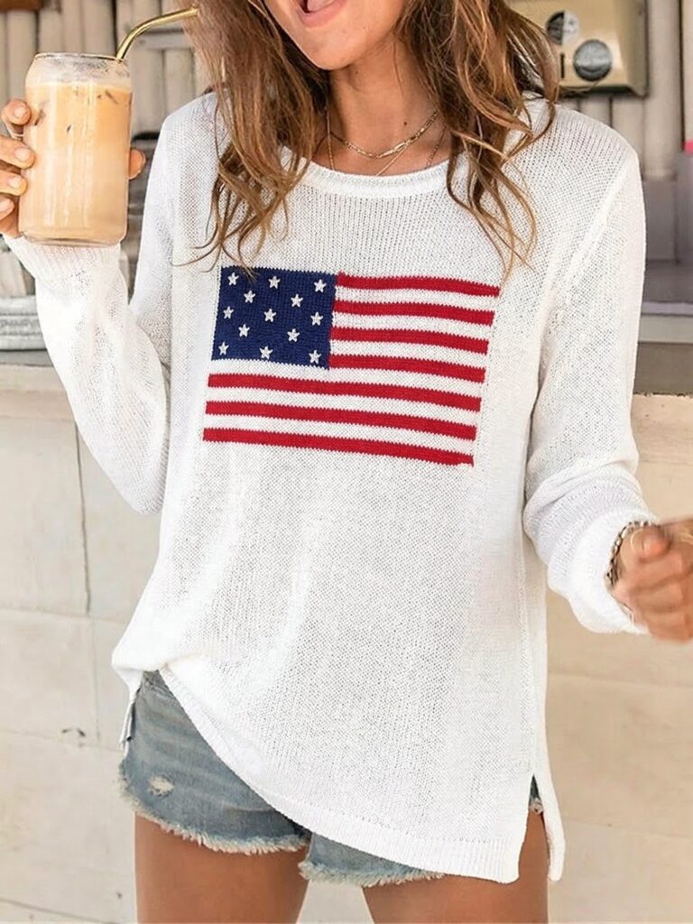 Cream American Flag Graphic Knit Sweater