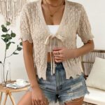 Beige Pointelle Tie-Front Cropped Knit Top — view 2