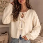 Cream Triple Tie-Front Balloon Sleeve Knit Top — view 2