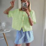 Sage Green Textured Short Sleeve Gold Button Cardigan — view 2