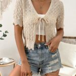 Beige Pointelle Tie-Front Cropped Knit Top — view 3