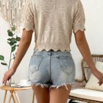 Beige Pointelle Tie-Front Cropped Knit Top — view 5