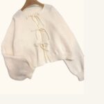 Cream Triple Tie-Front Balloon Sleeve Knit Top — view 6