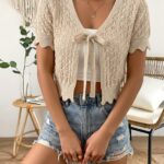 Beige Pointelle Tie-Front Cropped Knit Top — view 6
