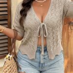 Beige Pointelle Tie-Front Cropped Knit Top — view 7