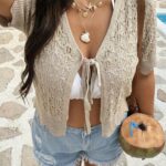 Beige Pointelle Tie-Front Cropped Knit Top — view 10