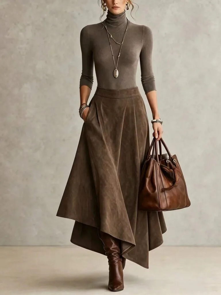 Chocolate Suede Asymmetric Hem Maxi Skirt