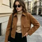 Tan Suede Collared Zip-Front Cropped Jacket – Wrena
