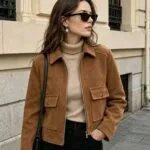 Tan Suede Collared Zip-Front Cropped Jacket – Wrena
