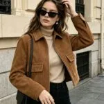 Tan Suede Collared Zip-Front Cropped Jacket – Wrena