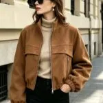 Camel Suede Stand-Collar Cropped Bomber Jacket – Wrena