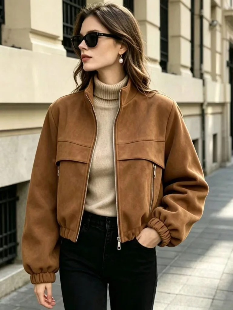 Camel Suede Stand-Collar Cropped Bomber Jacket