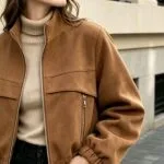 Camel Suede Stand-Collar Cropped Bomber Jacket – Wrena