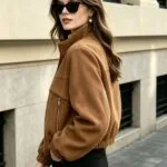 Camel Suede Stand-Collar Cropped Bomber Jacket – Wrena