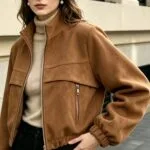 Camel Suede Stand-Collar Cropped Bomber Jacket – Wrena