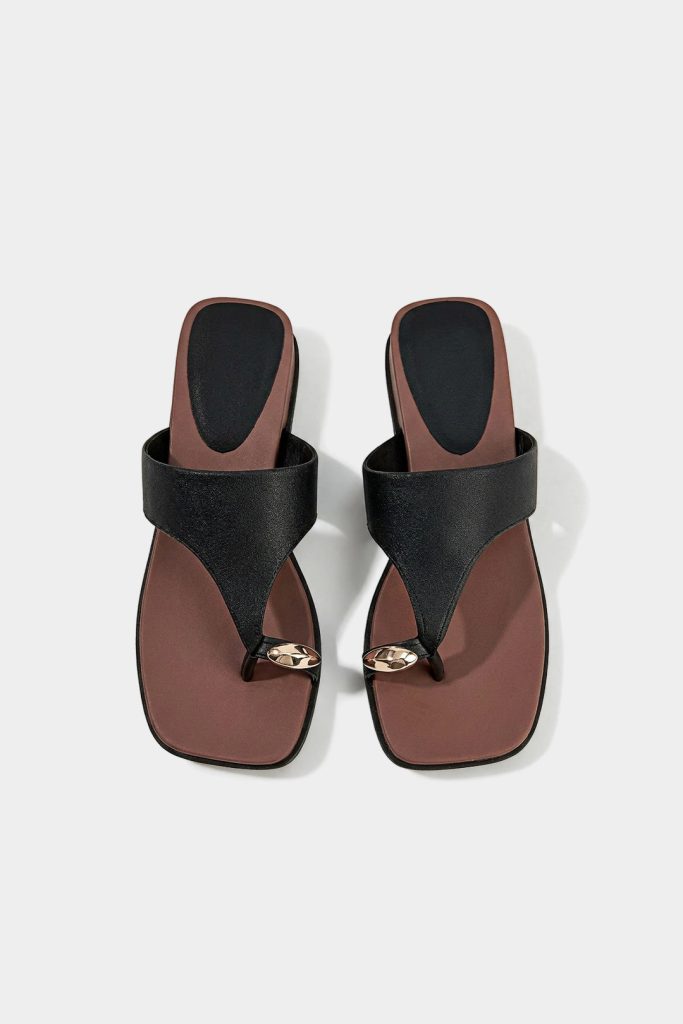 Contrast Leather Metallic Square Toe Sandals
