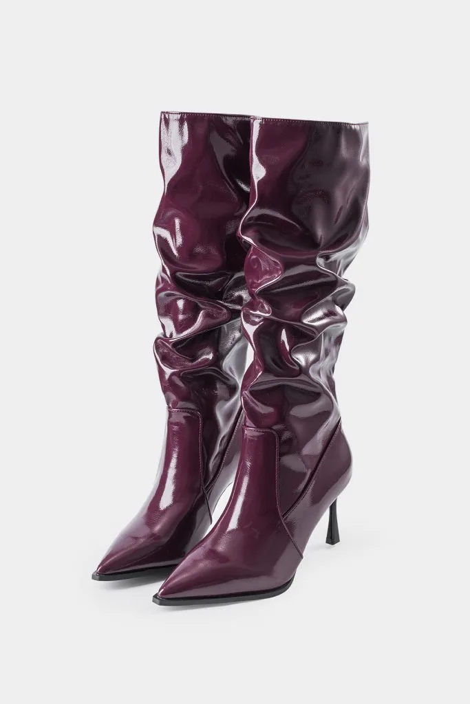 Faux Leather Ruched Pointed Toe Knee High Boots – Wrena