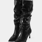 Faux Leather Ruched Pointed Toe Knee High Boots – Wrena