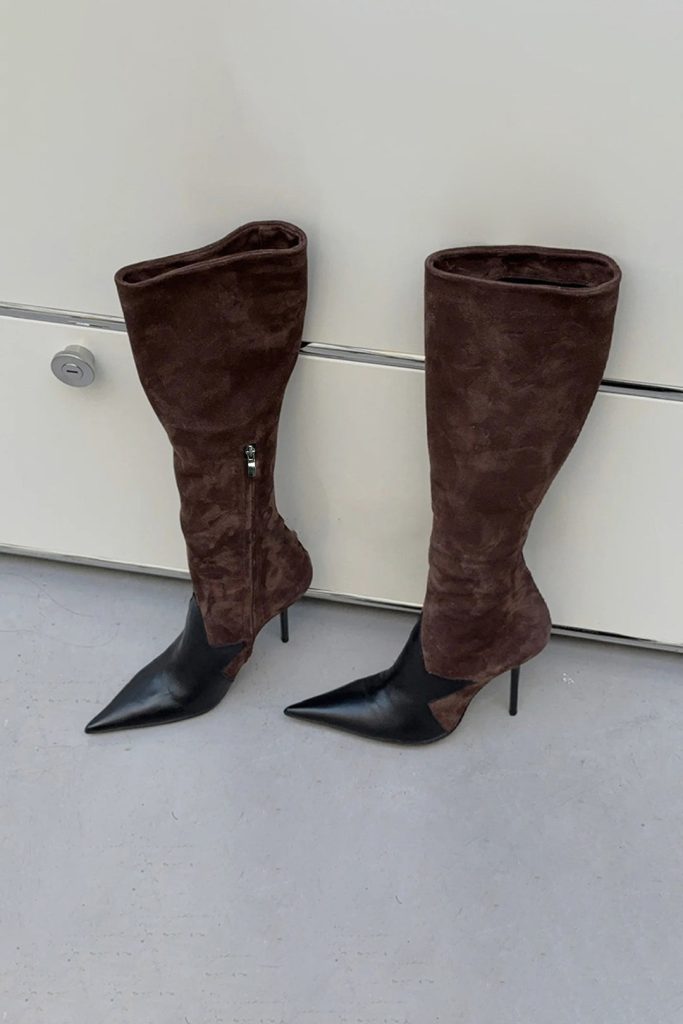 Leather Patchwork Side Zipper Pointed High Heel Over The Knee Boots