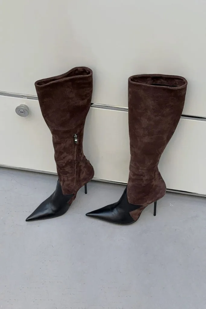 Leather Patchwork Side Zipper Pointed High Heel Over The Knee Boots – Wrena
