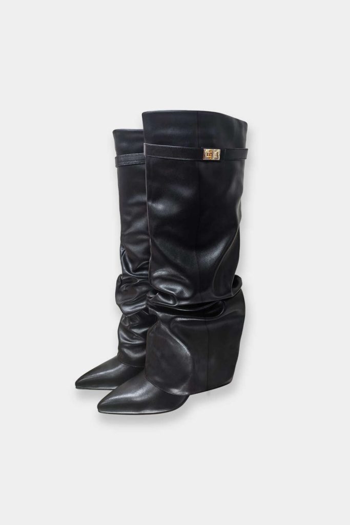 Leather Ruched Pointed Knee High Boots