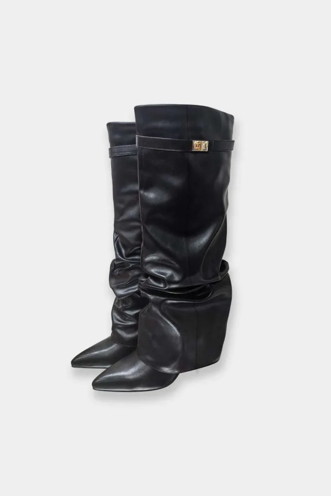 Leather Ruched Pointed Knee High Boots – Wrena