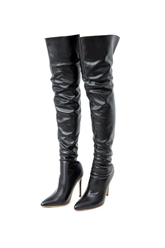 Faux Leather Pointed Toe Over The Knee Boots – Wrena