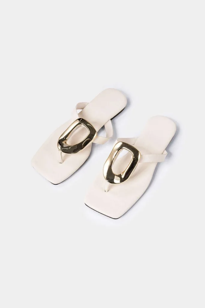 Metallic Decor Open Toe Flats – Wrena