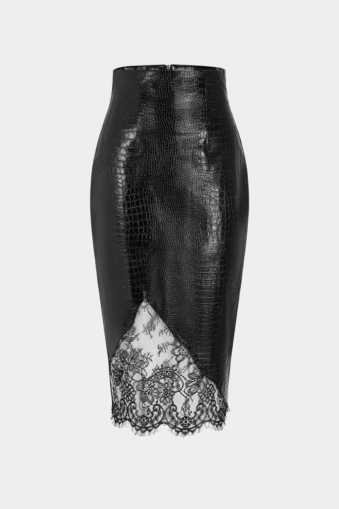 Faux Leather Patchwork Lace Trim High Waist Zipper Skirt