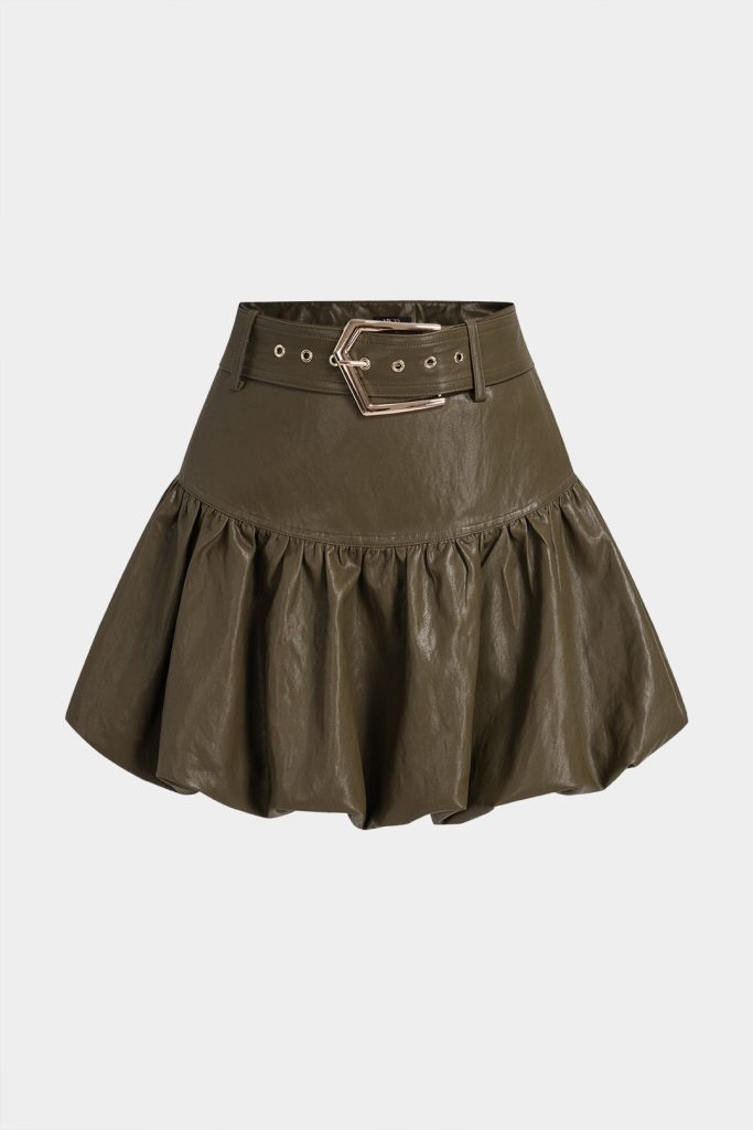 Faux Leather Metallic Belted Ruched Mini Skirt