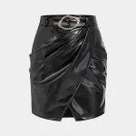 Faux Leather Belted Metallic Asymmetrical Ruched Skirt – Wrena