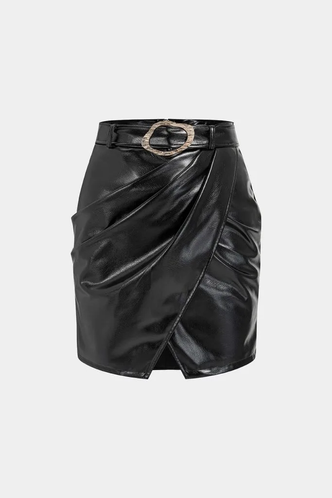Faux Leather Belted Metallic Asymmetrical Ruched Skirt – Wrena