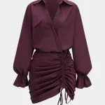 Ruched V-Neck Drawstring Ruffle Long Sleeve Mini Dress – Wrena