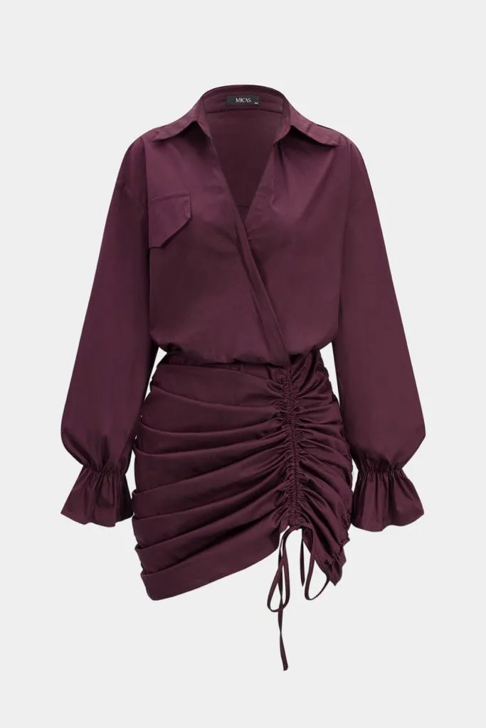Ruched V-Neck Drawstring Ruffle Long Sleeve Mini Dress – Wrena