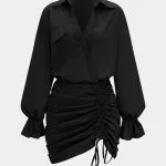 Ruched V-Neck Drawstring Ruffle Long Sleeve Mini Dress – Wrena
