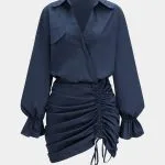 Ruched V-Neck Drawstring Ruffle Long Sleeve Mini Dress – Wrena