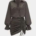 Ruched V-Neck Drawstring Ruffle Long Sleeve Mini Dress – Wrena