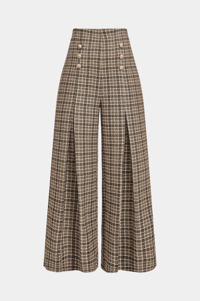 Plaid Print Double Breasted High Waist Pants