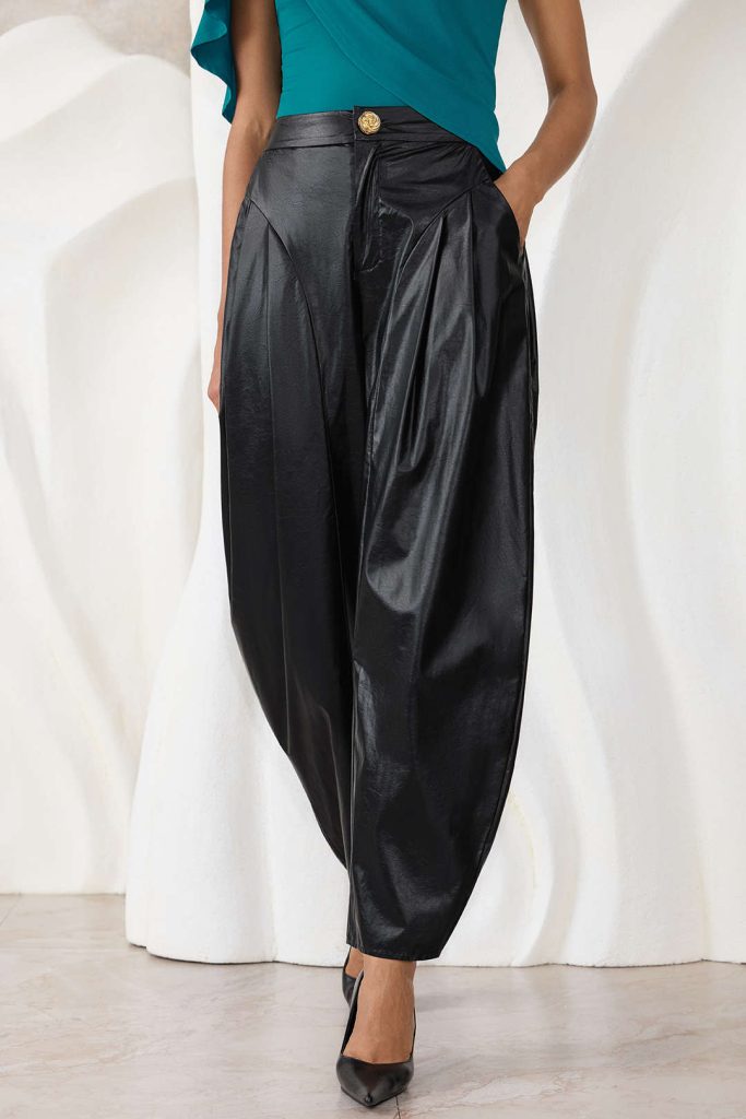 Faux Leather Metallic Ruched Pants