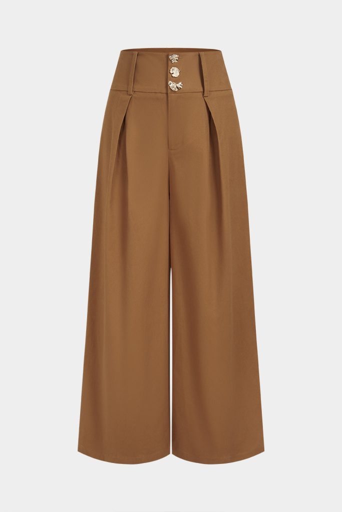 Metallic Button Wide-Leg Pants