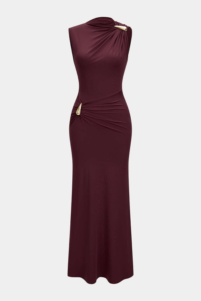 Metallic Decor Ruched Sleeveless Maxi Dress