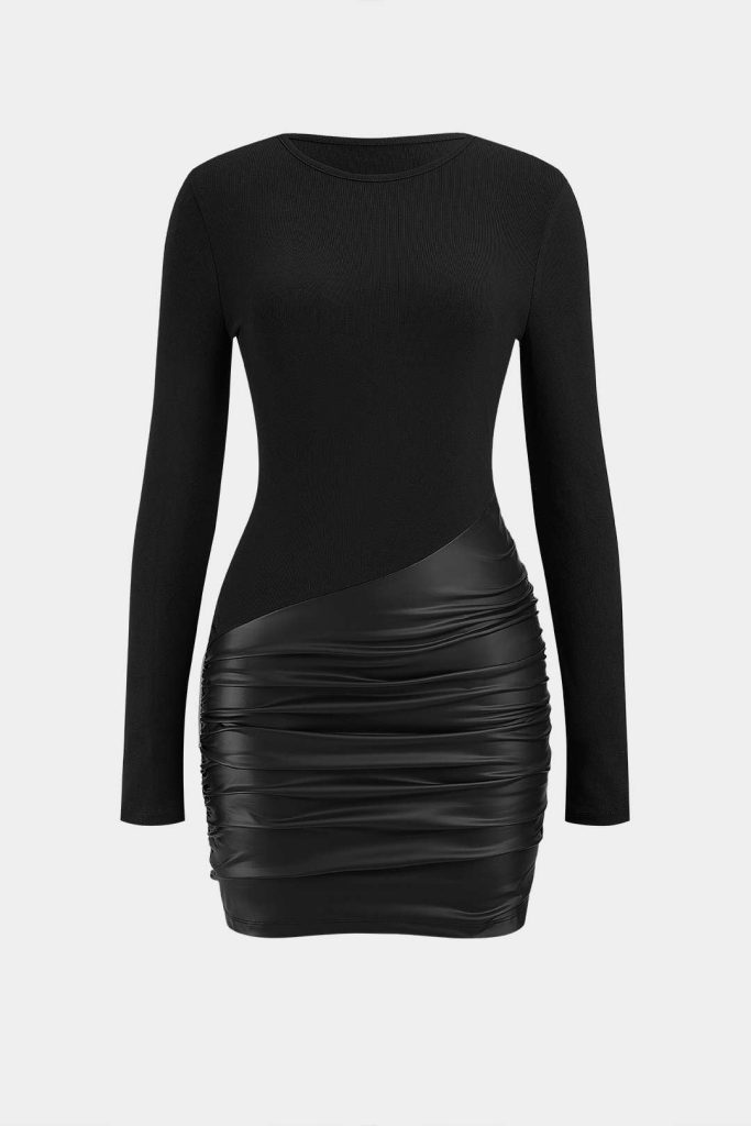 Faux Leather Patchwork Round Neck Ruched Long Sleeve Mini Dress