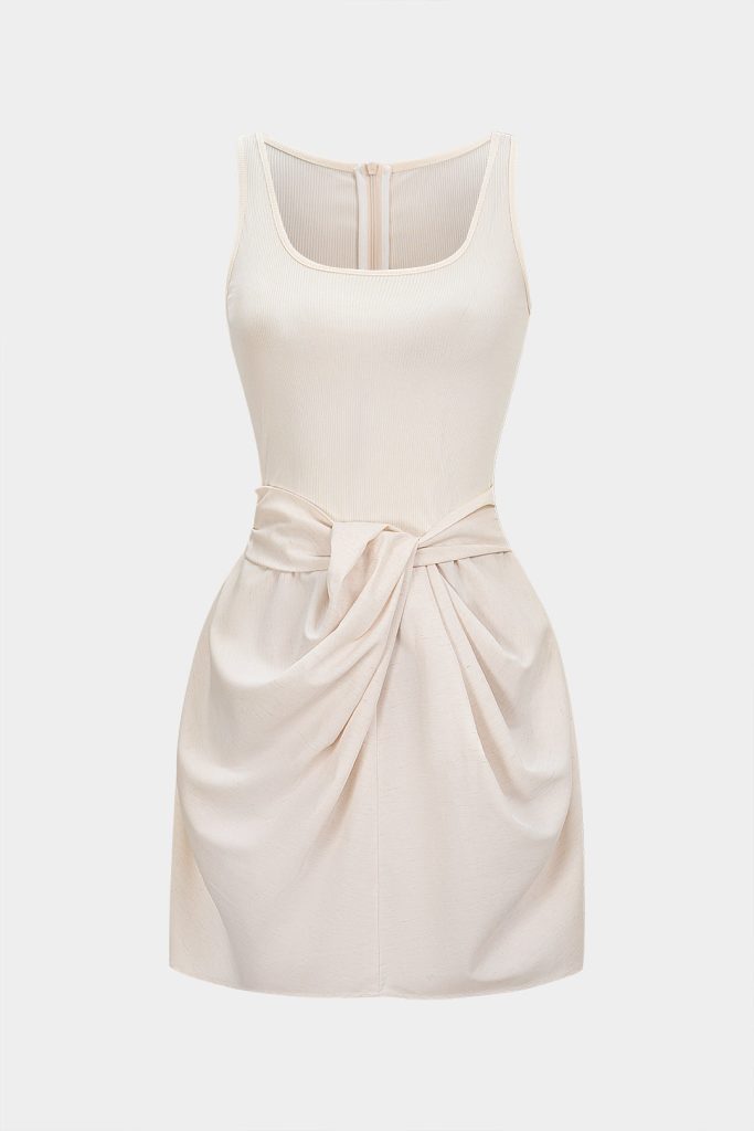 U-Neck Ruched Zipper Mini Dress