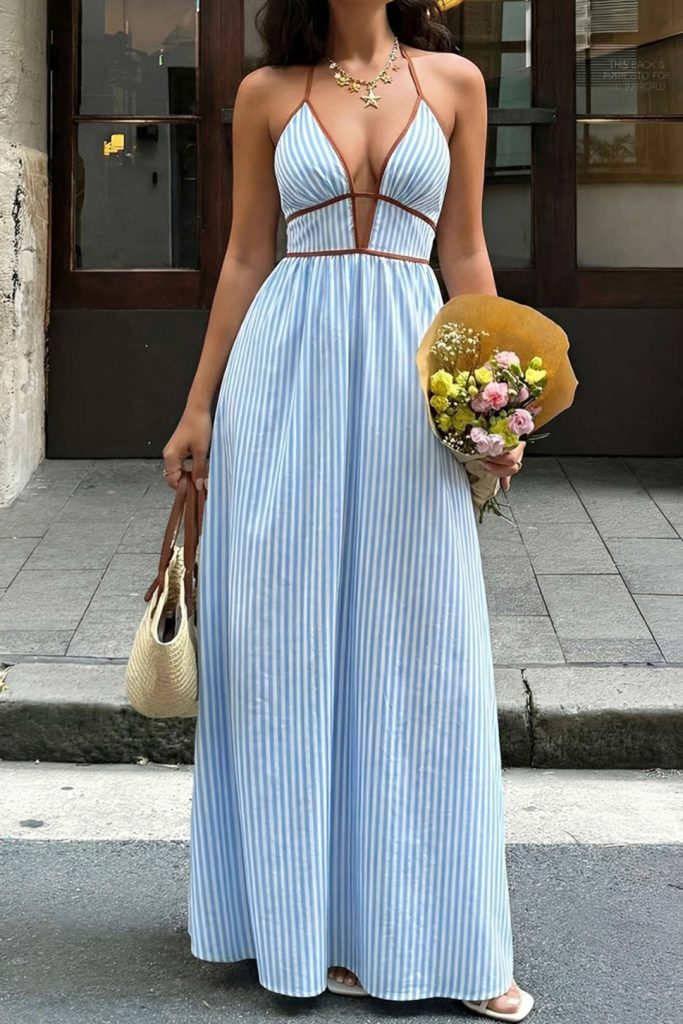 Contrast Stripes Print V-Neck Halter Neck Sleeveless Maxi Dress