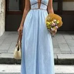 Contrast Stripes Print V-Neck Halter Neck Sleeveless Maxi Dress – Wrena