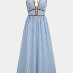 Contrast Stripes Print V-Neck Halter Neck Sleeveless Maxi Dress – Wrena